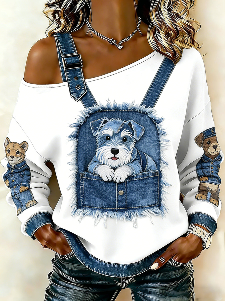 Animal bonito impressão Denim Patchwork Top confortável das mulheres