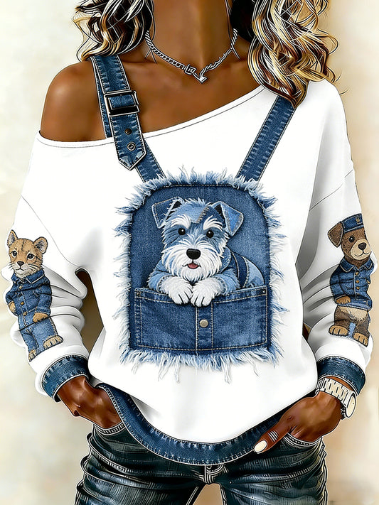 Animal bonito impressão Denim Patchwork Top confortável das mulheres