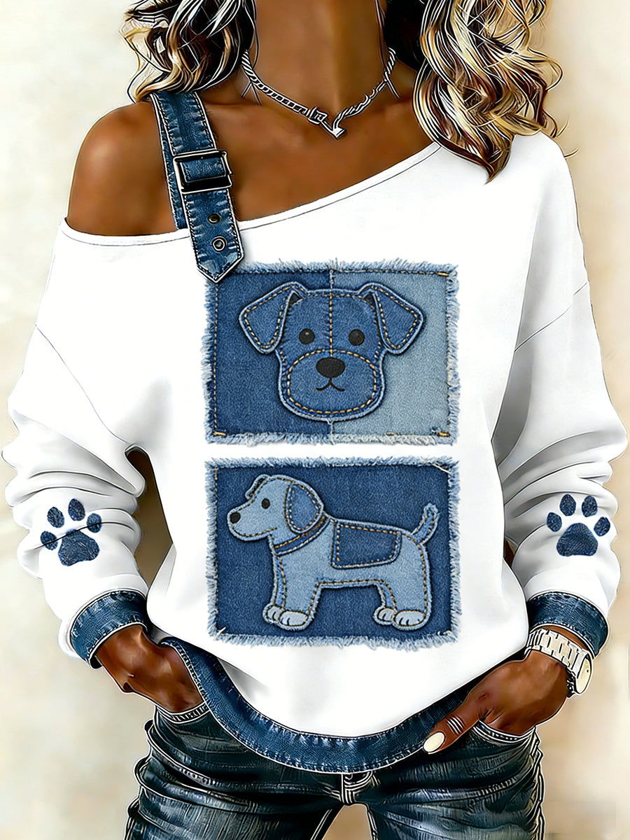 Animal bonito impressão Denim Patchwork Top confortável das mulheres