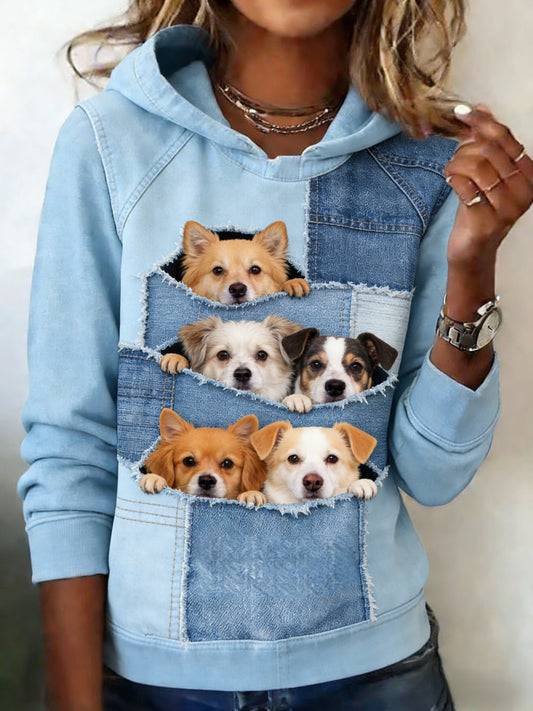 Arte retrô bonito cão Animal Patchwork feminino impresso moletom com capuz Casual