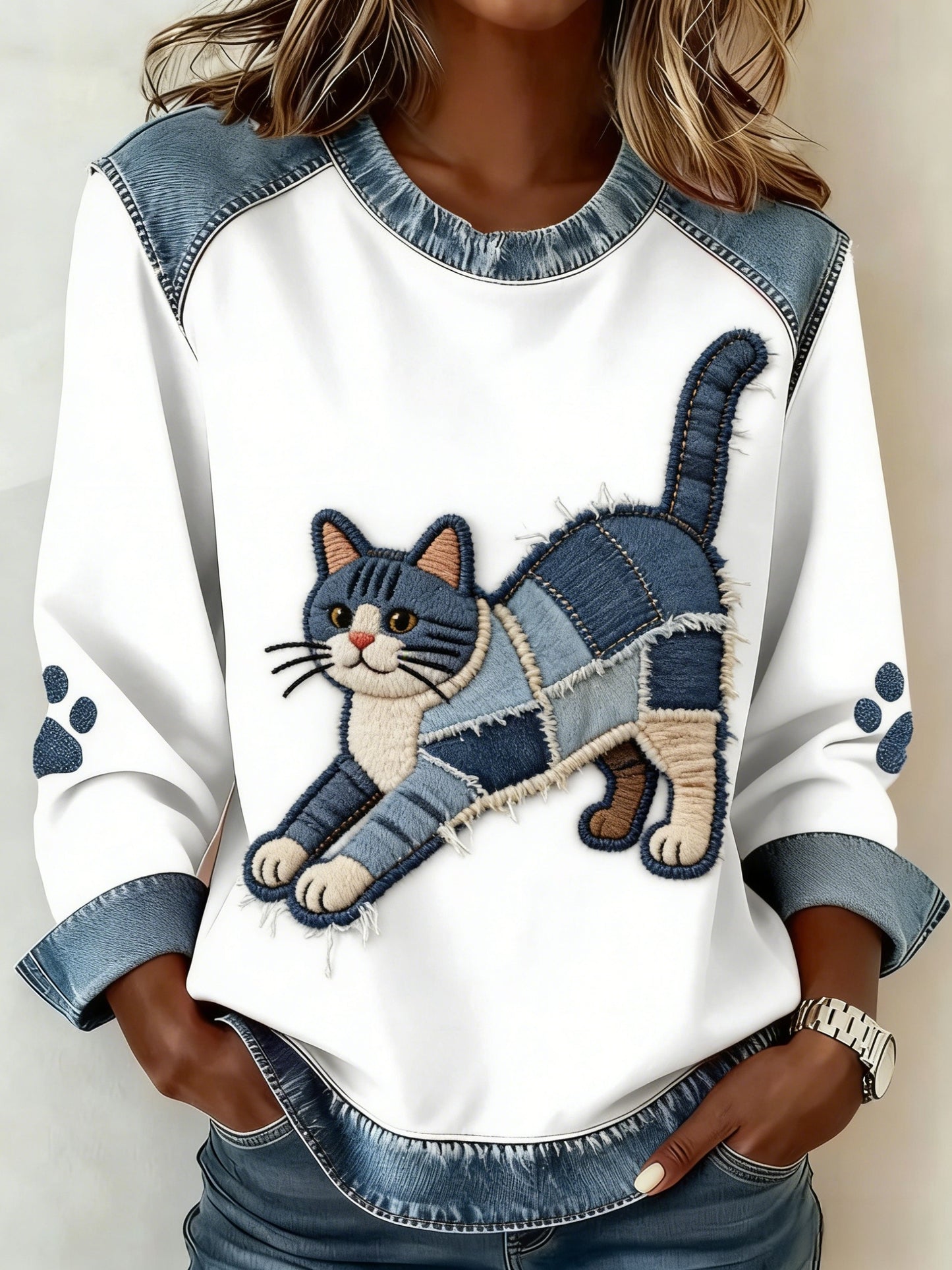 Retro bonito Animal Denim Patchwork gato arte Casual moletom do mulheres