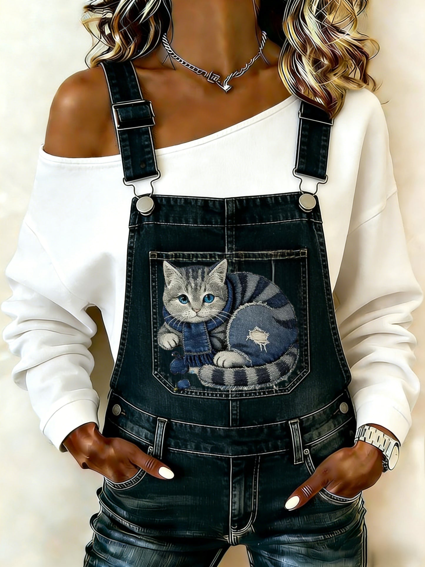 Retro Bonito Animal Denim Patchwork Gato Arte Confortável Denim Macacão das mulheres