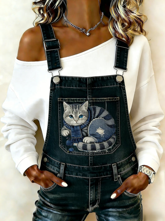 Retro Bonito Animal Denim Patchwork Gato Arte Confortável Denim Macacão das mulheres