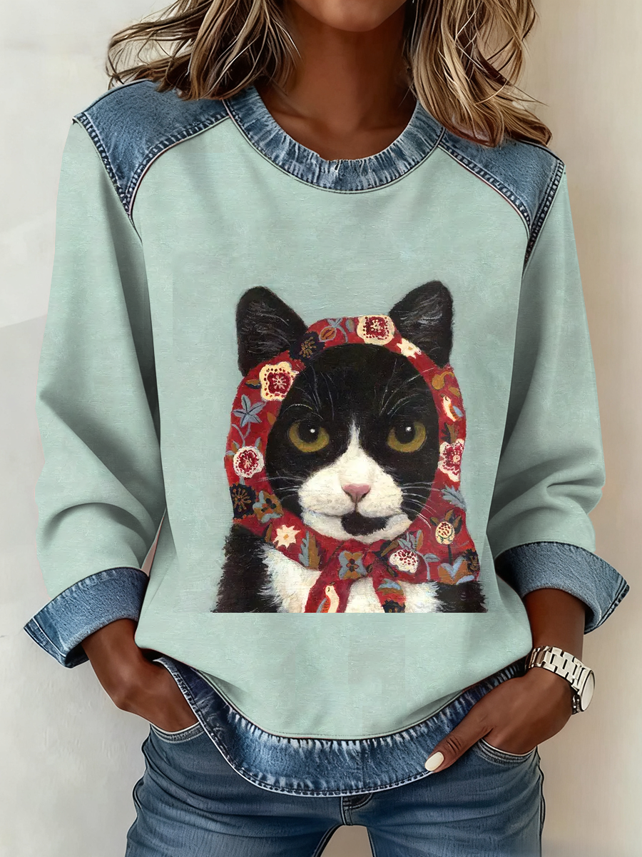 Impressão de gato bonito feminino Denim Patchwork Top