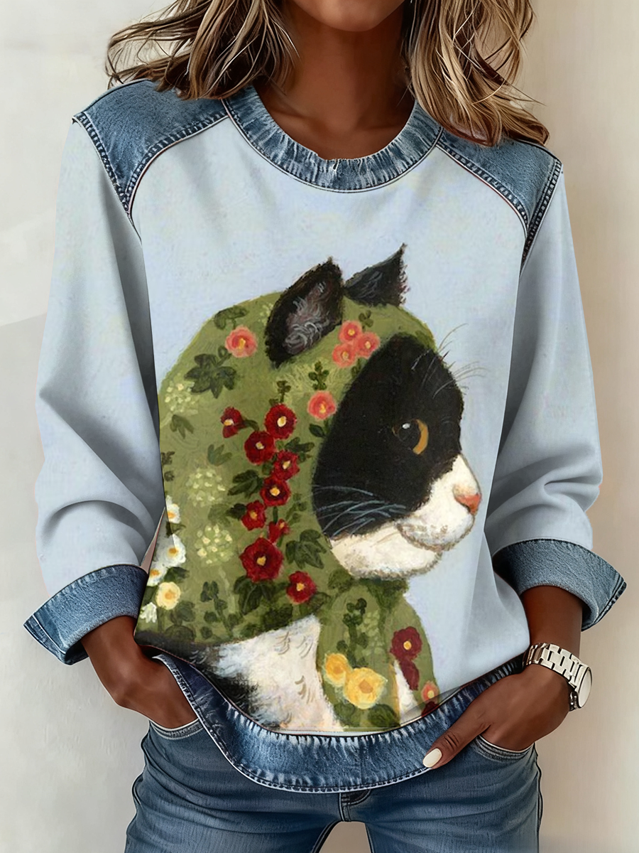 Impressão de gato bonito feminino Denim Patchwork Top