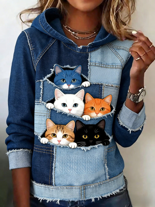 Arte retrô bonito do gato Patchwork do mulheres impressa moletom com capuz Casual