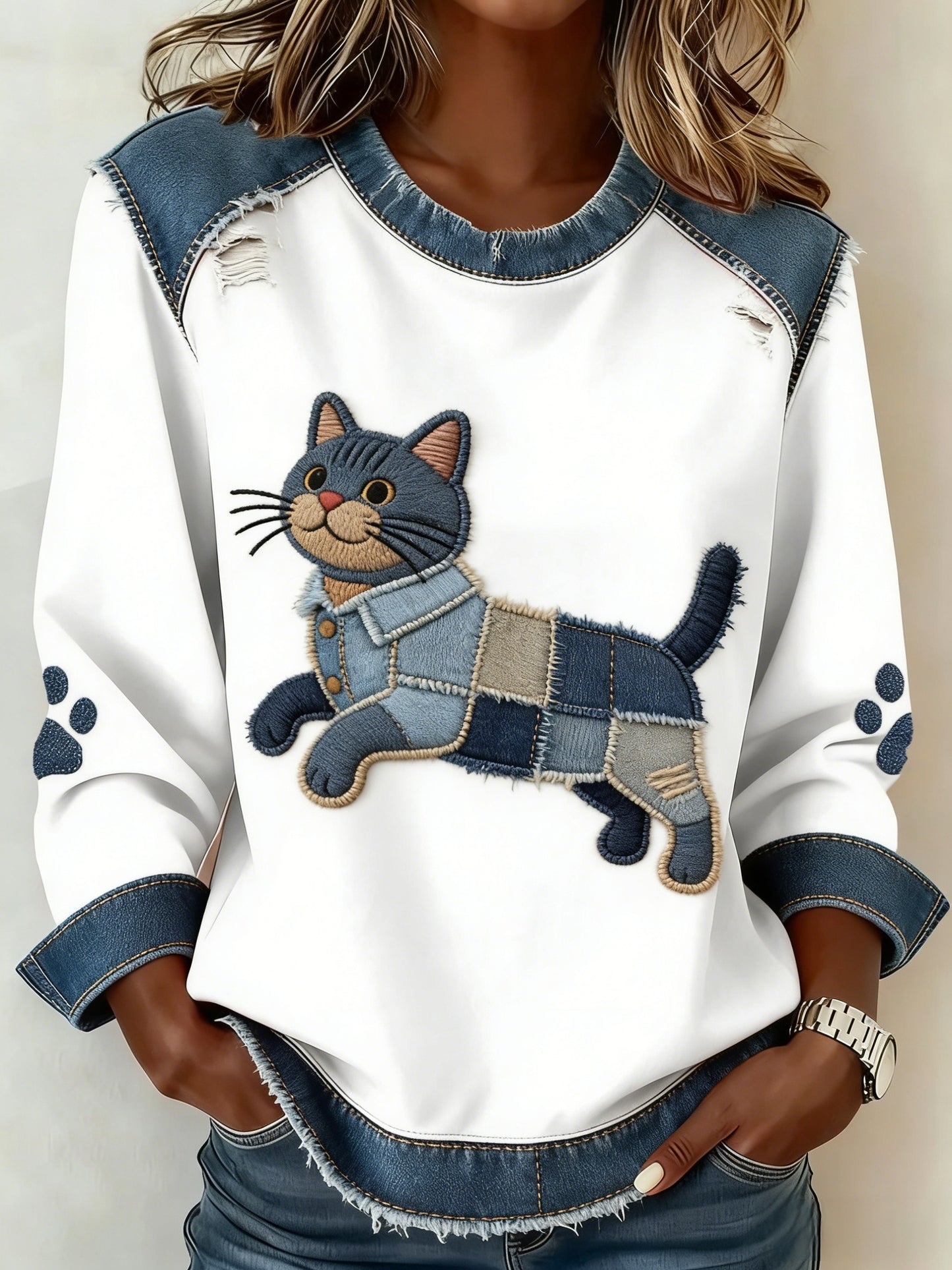 Retro bonito Animal Denim Patchwork gato arte Casual moletom do mulheres