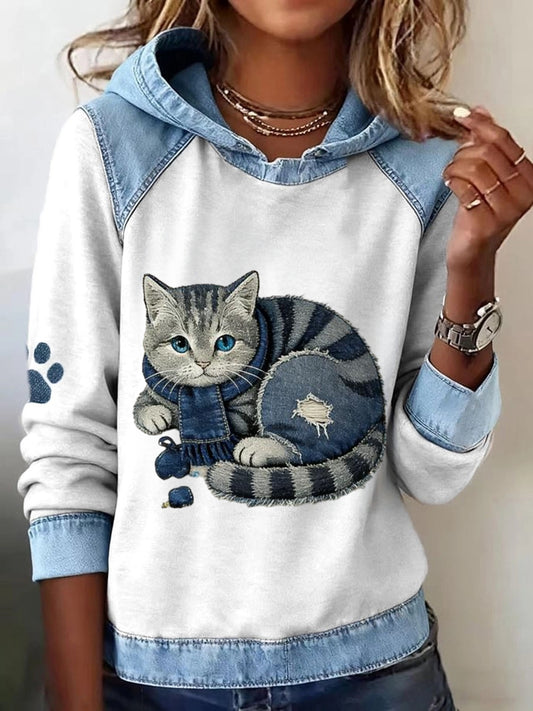 Arte do gato do lenço bonito retro do mulheres impressa moletom com capuz Casual