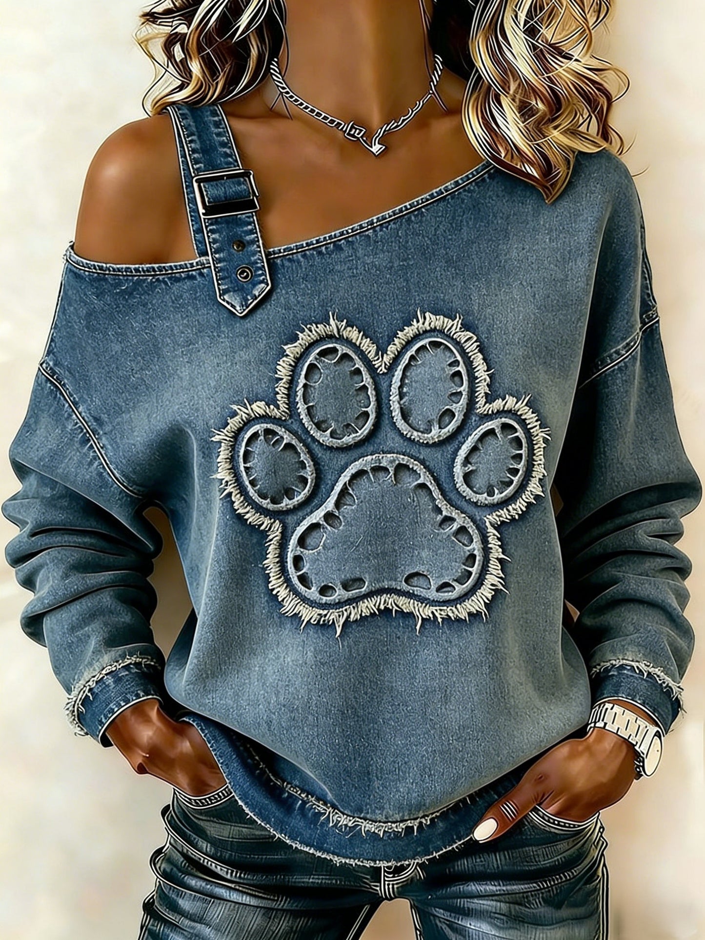 Retro bonito Animal gato pata feminino arte Casual Off-a-ombro Design manga comprida camisola