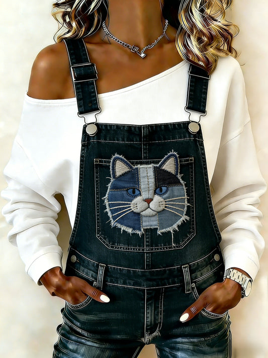 Retro Bonito Animal Denim Patchwork Gato Arte Confortável Denim Macacão das mulheres