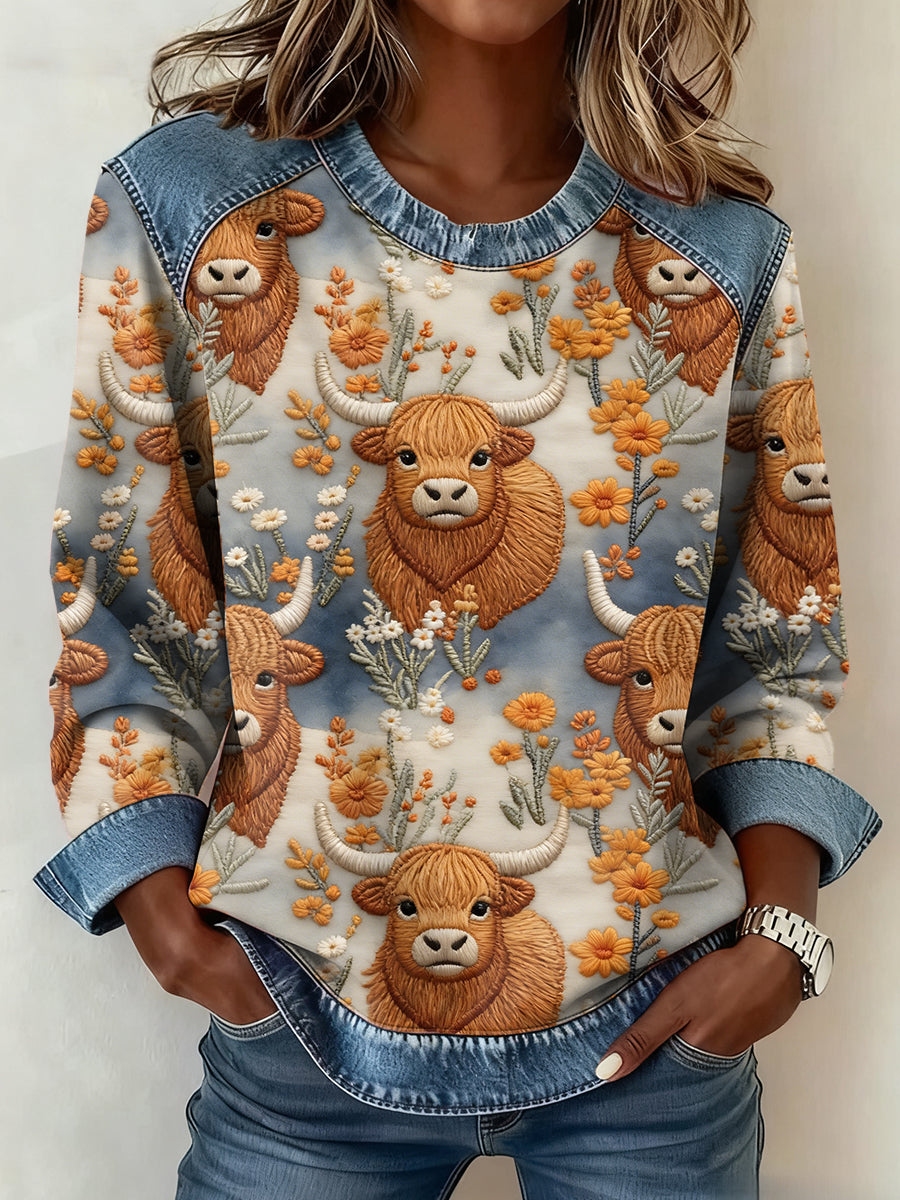 Highland vaca Denim Patchwork Top das mulheres