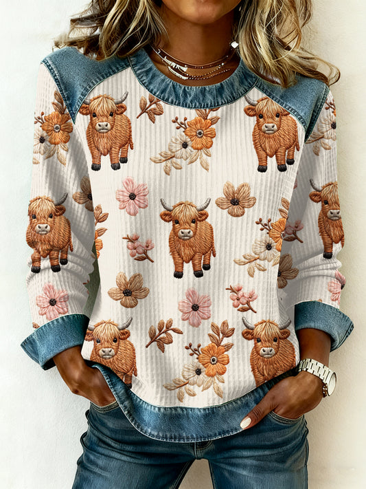Highland vaca Denim Patchwork Top das mulheres