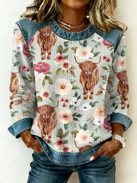 Highland vaca Denim Patchwork Top das mulheres