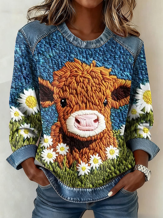 Highland vaca Denim Patchwork Top das mulheres