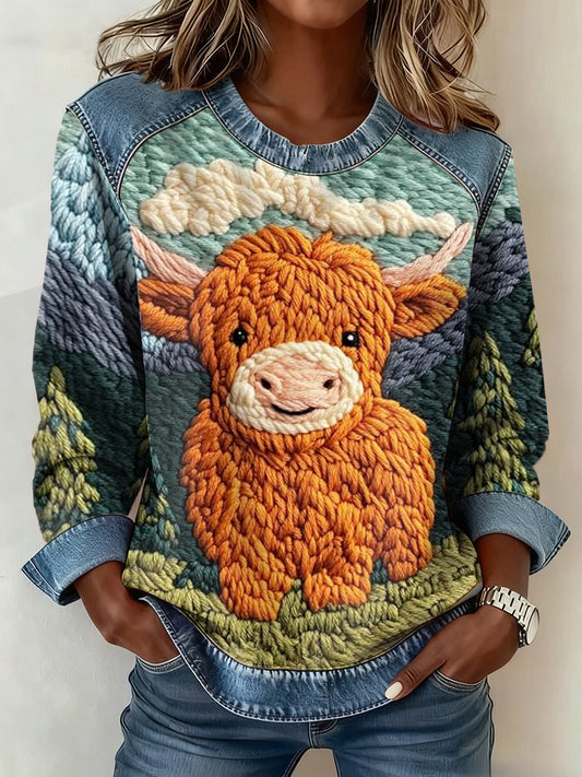 Highland vaca Denim Patchwork Top das mulheres