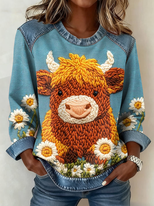 Highland vaca Denim Patchwork Top das mulheres