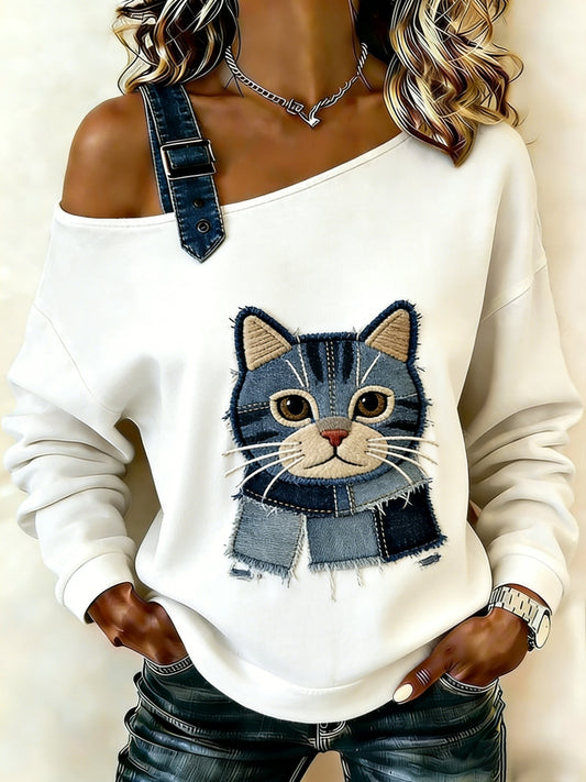 Gato Animal bonito retalhos Denim arte Casual Off-a-ombro Design manga comprida camiseta feminino