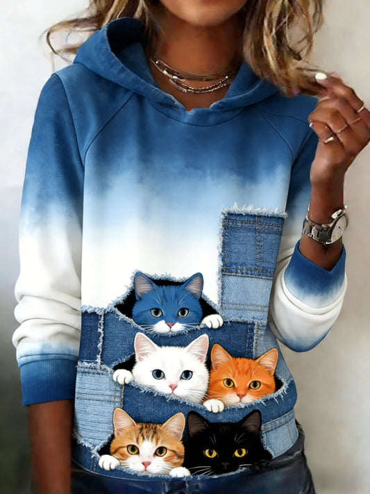 Animal bonito gatos Peek-a-Boo Patchwork Denim Art moletom com capuz confortável feminino
