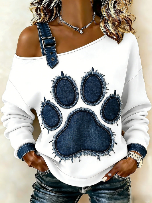 Gato Animal bonito retalhos Denim arte Casual Off-a-ombro Design manga comprida camiseta feminino