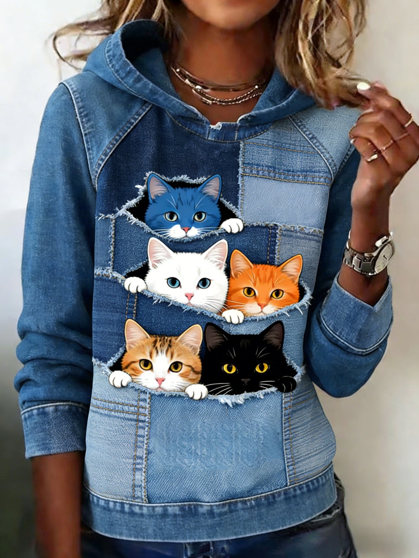 Retro Animal Print gato-rosto feminino Denim Patchwork arte casual moletom com capuz