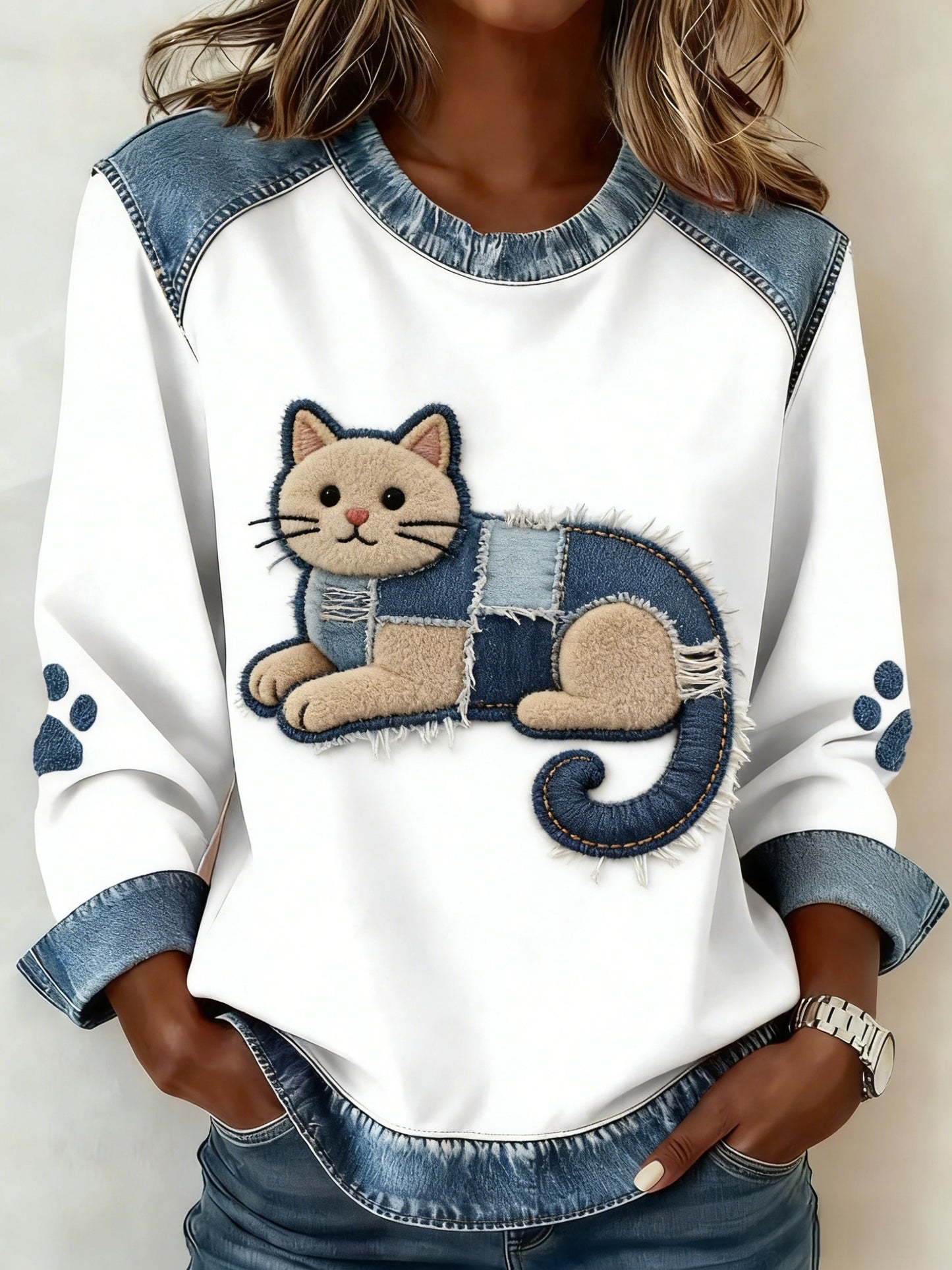 Retro gato animal bonito arte Casual moletom do mulheres