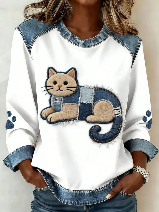 Retro gato animal bonito arte Casual moletom do mulheres