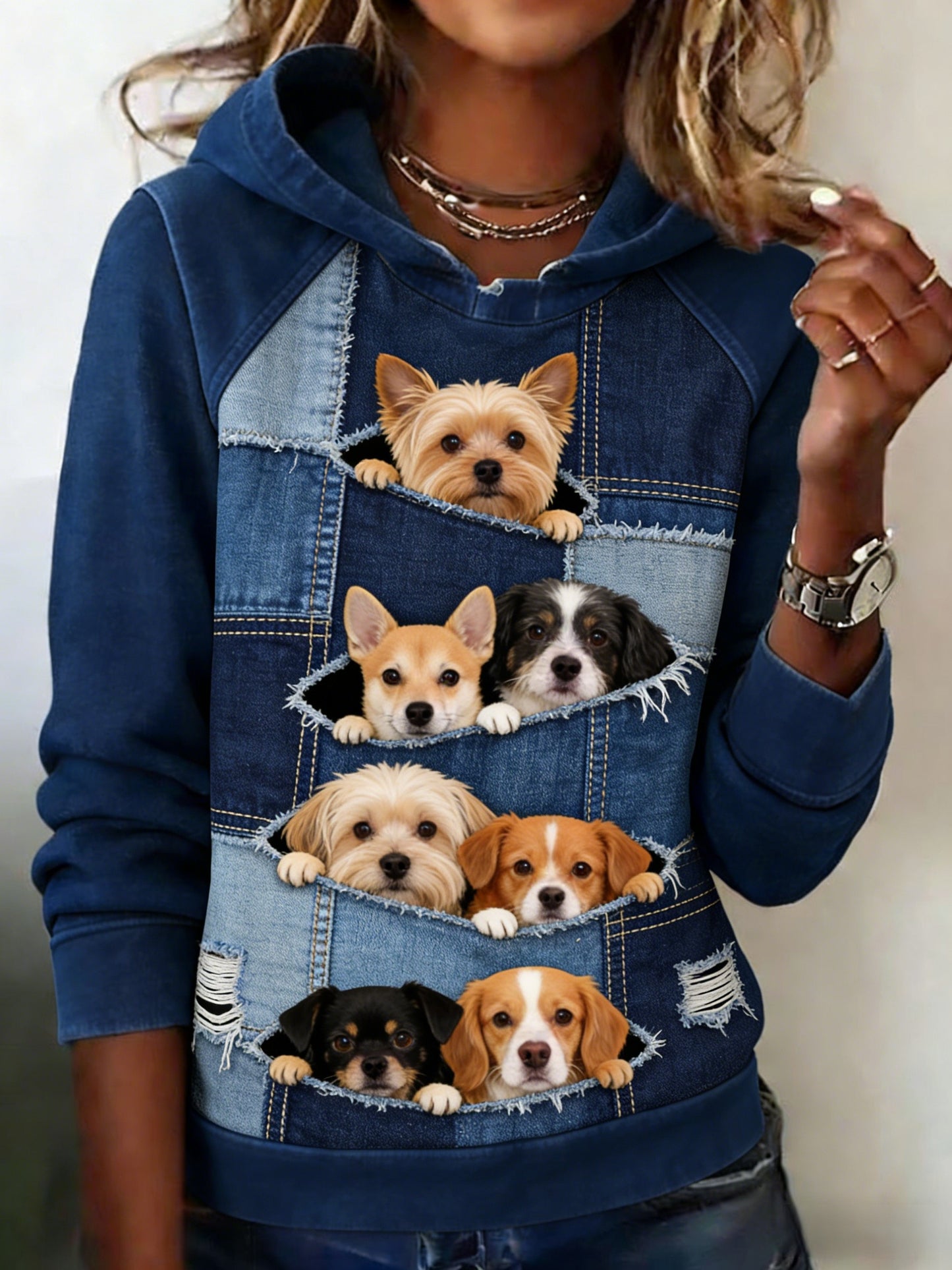 Retro Animal cães das mulheres espreitar Cowboy Patchwork arte Casual moletom com capuz