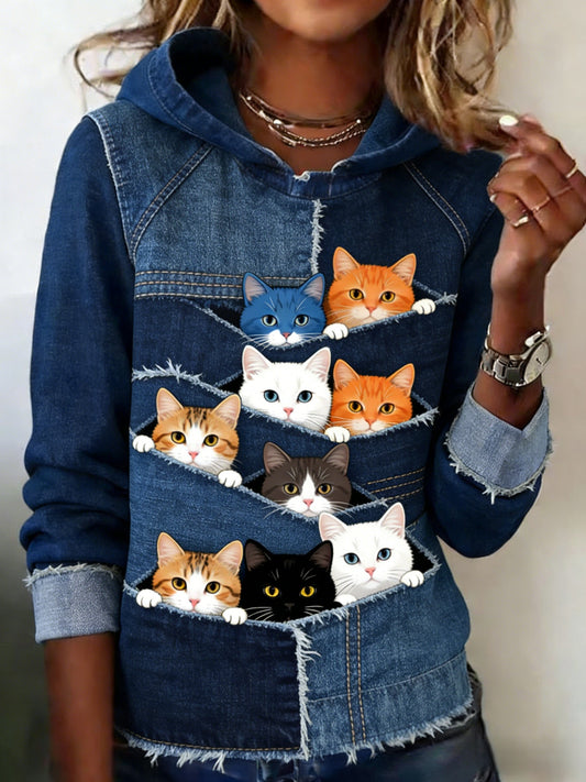 Retro Animal Print gato-rosto feminino Denim Patchwork arte casual moletom com capuz