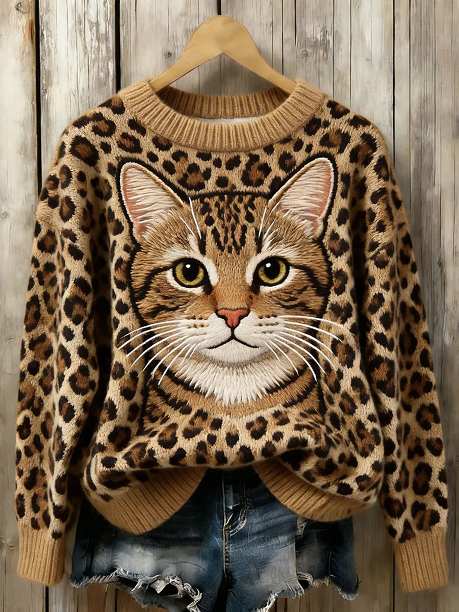 Camisola de pescoço bonito gato arte tripulação feminino