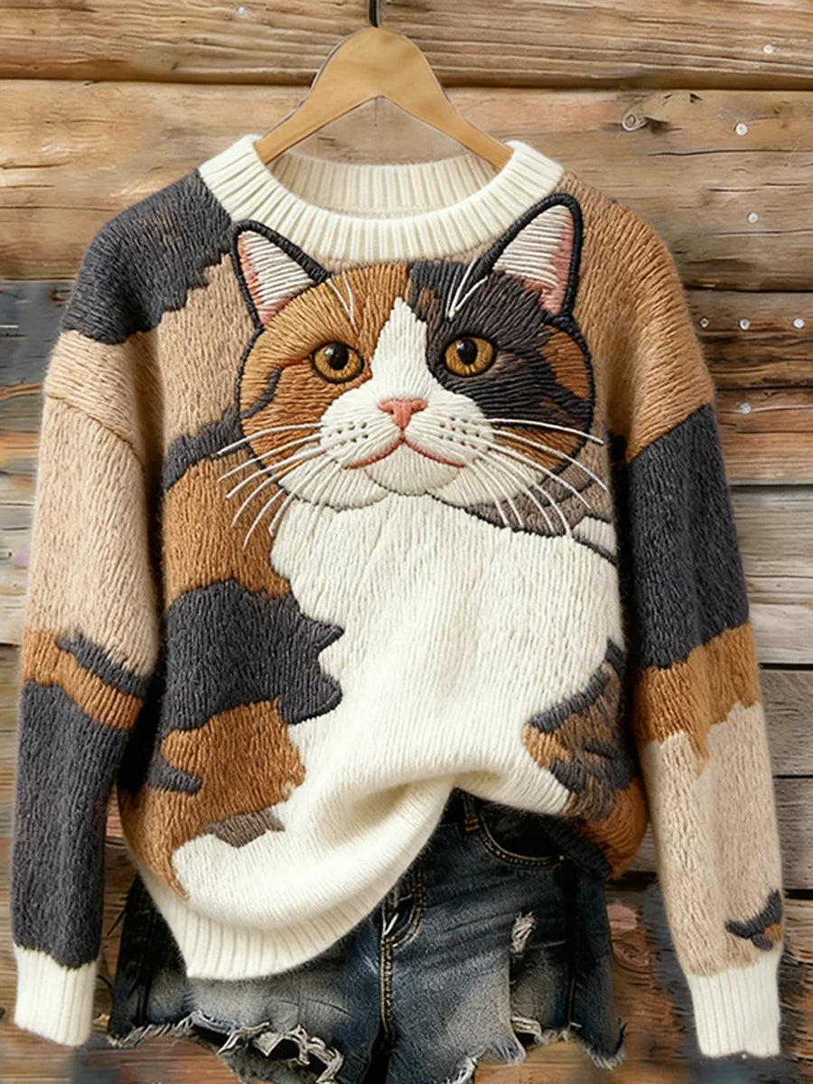 Camisola de pescoço bonito gato arte tripulação feminino