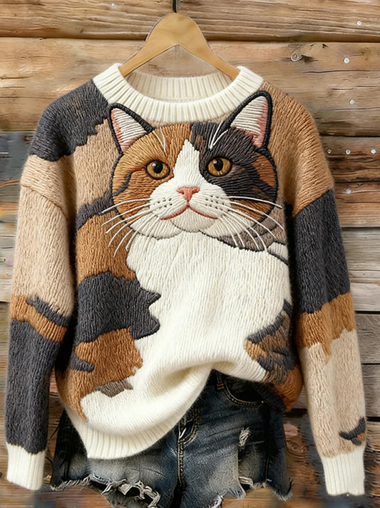 Camisola de pescoço bonito gato arte tripulação feminino