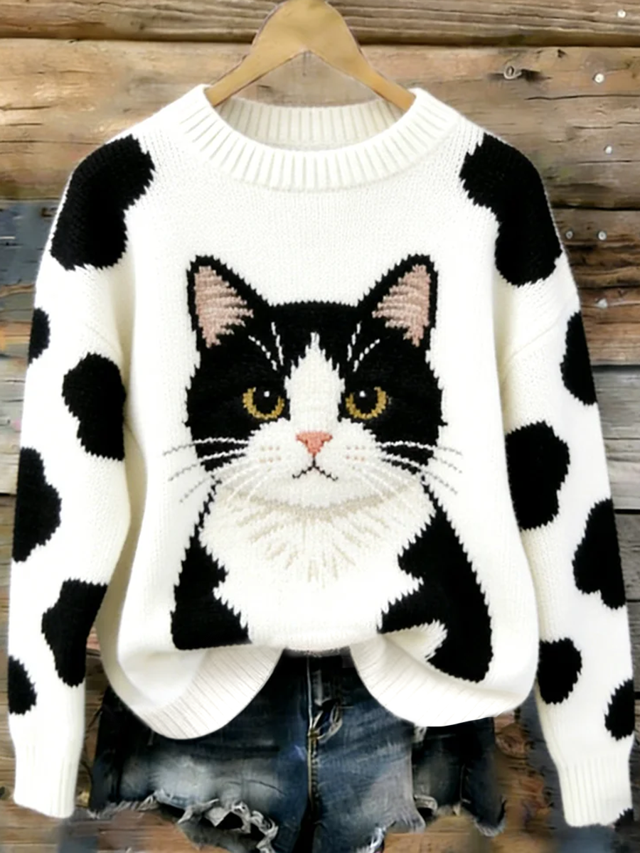 Camisola de pescoço bonito gato arte tripulação feminino