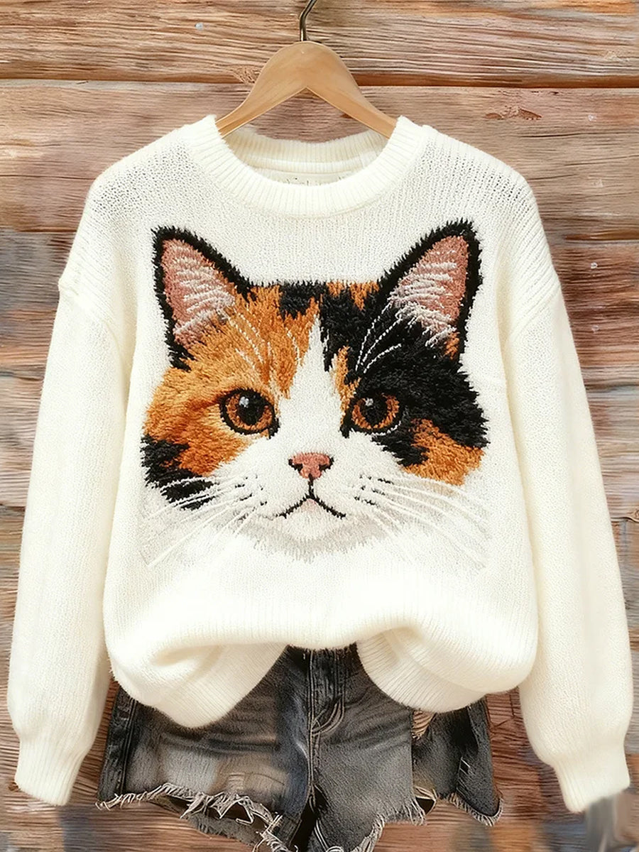 Camisola de pescoço bonito gato arte tripulação feminino