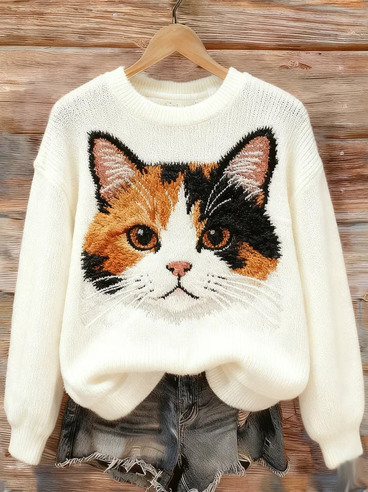 Camisola de pescoço bonito gato arte tripulação feminino