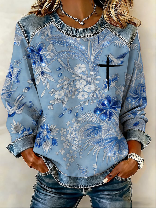 Cruz flores das mulheres Denim Patchwork Top