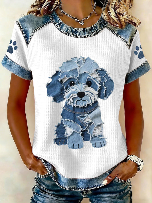 Adorável cão padrão Denim Patchwork Top das mulheres