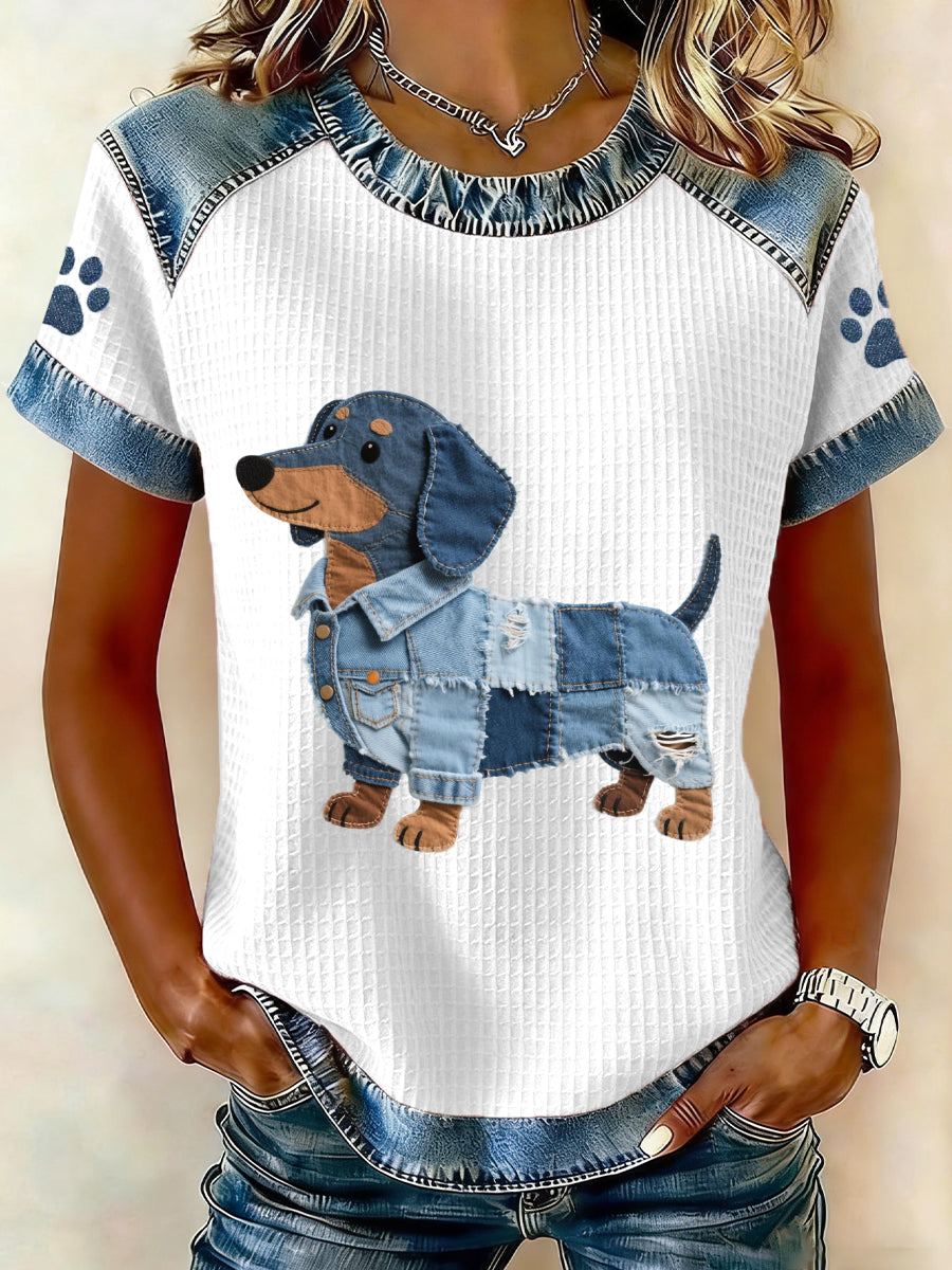 Adorável Dachshund padrão Denim Patchwork Top das mulheres