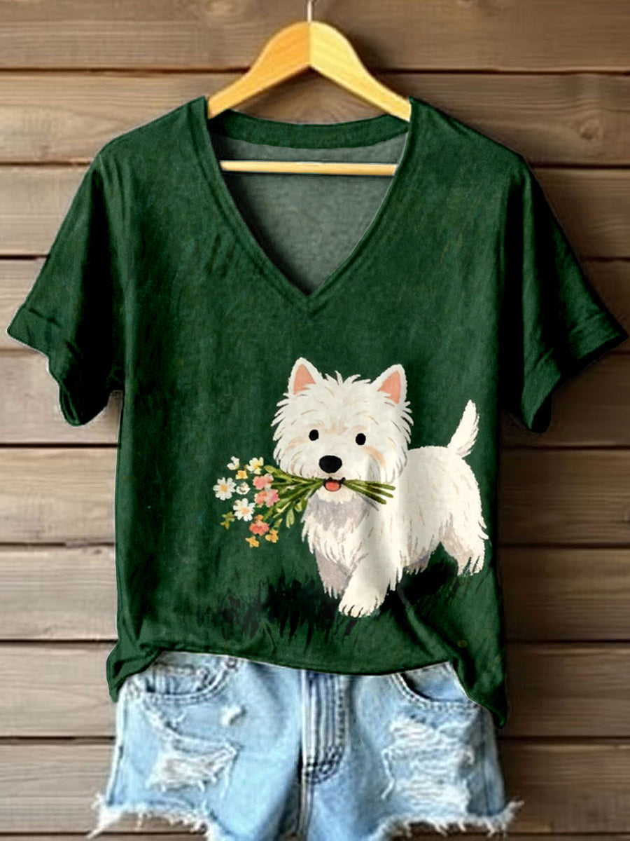 Arte bonito West Highland White Terrier impressão t-shirt V-Neck feminino