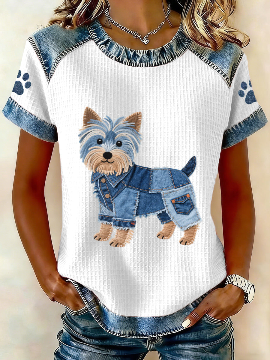 Adorável Yorkshire Terrier padrão Denim Patchwork Top das mulheres