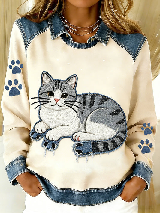 Vintage Denim Patchwork Top feminino com Animal Art Print, casual e confortável