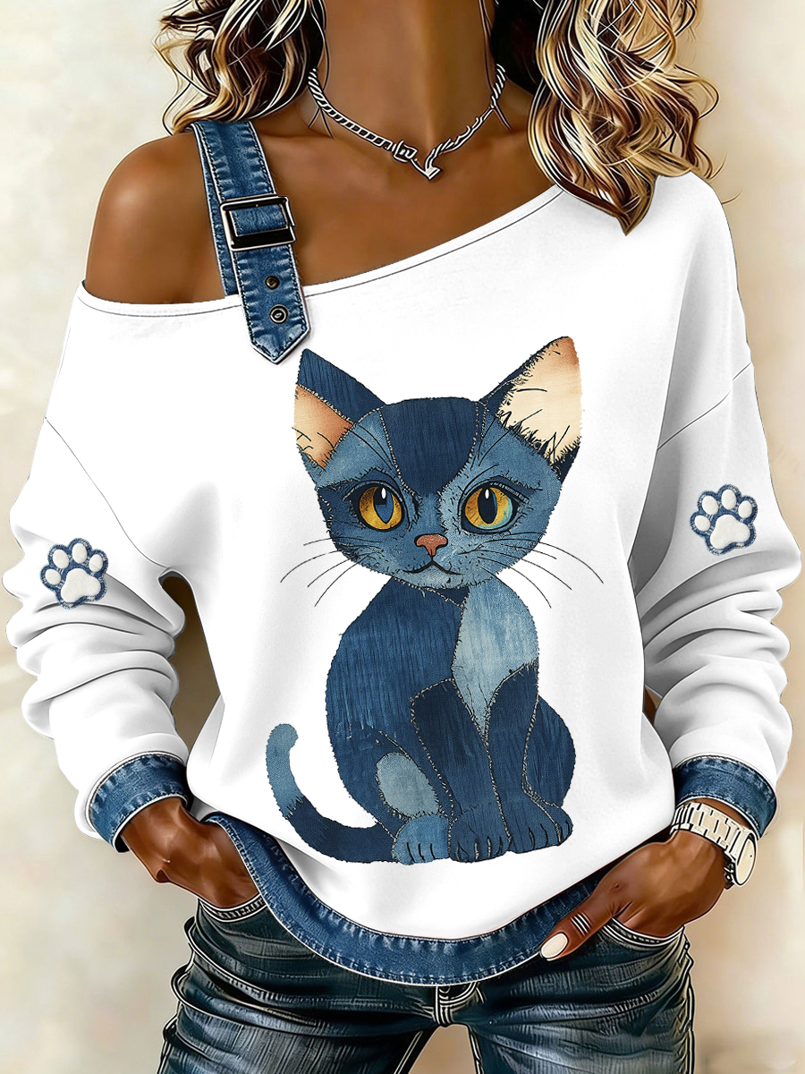 Denim gato feminino impresso moletom de ombro único
