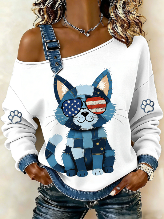 Denim gato feminino impresso moletom de ombro único