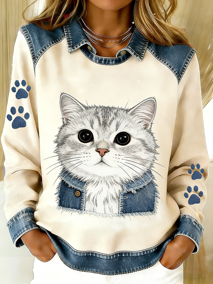 Vintage Denim Patchwork Top feminino com Animal Art Print, casual e confortável