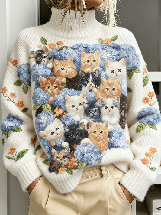 Tops de impressão floral gato feminino