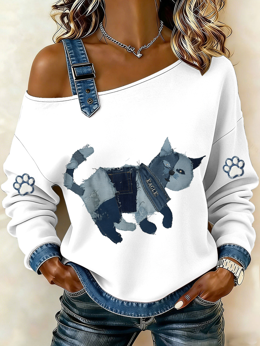 Denim gato feminino impresso moletom de ombro único