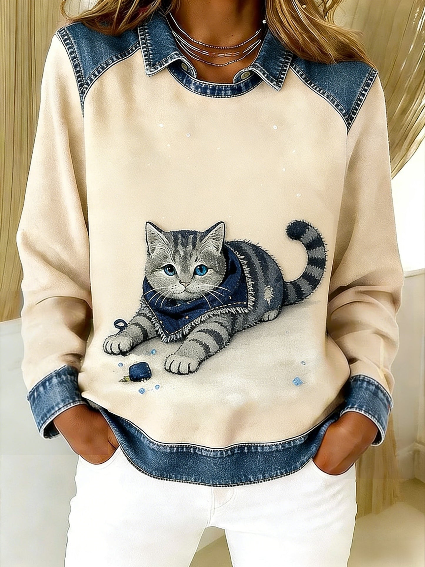 Retro Bonito Animal Lenço Gato Denim Patchwork Arte Impresso Casual Loose Long Sleeve Lapel Sweatshirt