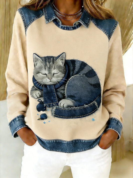 Retro Bonito Animal Lenço Gato Denim Patchwork Arte Impresso Casual Loose Long Sleeve Lapel Sweatshirt