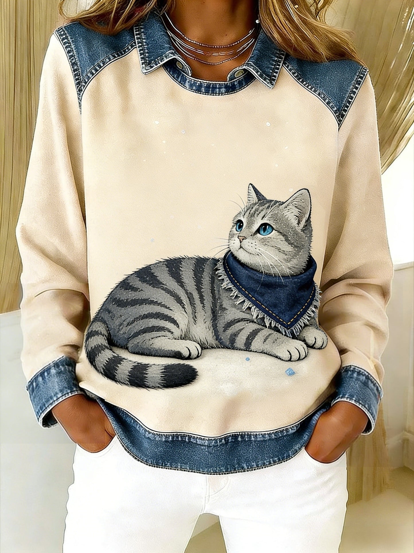 Retro Bonito Animal Lenço Gato Denim Patchwork Arte Impresso Casual Loose Long Sleeve Lapel Sweatshirt