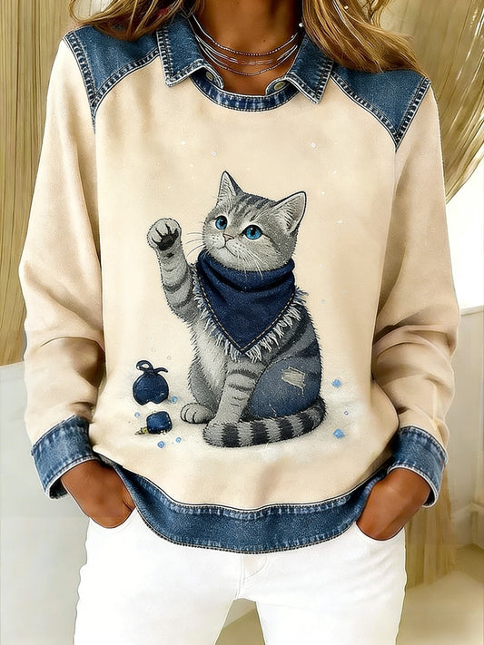 Retro Bonito Animal Lenço Gato Denim Patchwork Arte Impresso Casual Loose Long Sleeve Lapel Sweatshirt