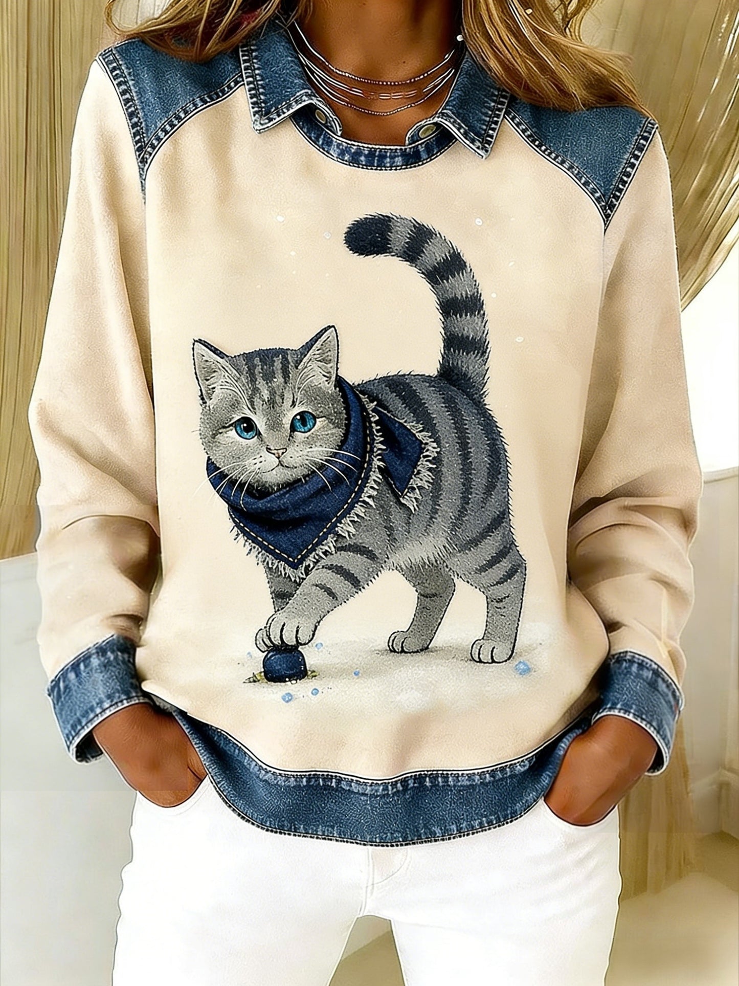 Retro Bonito Animal Lenço Gato Denim Patchwork Arte Impresso Casual Loose Long Sleeve Lapel Sweatshirt
